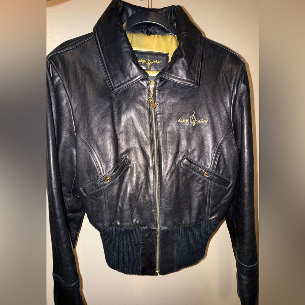 Baby Phat Black Leather Jacket with Gold Accent